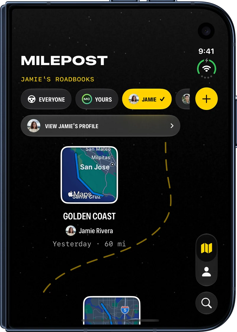 Jamie Rivera’s Roadbooks on a folded iPhone Duo, led by the Golden Coast drive.