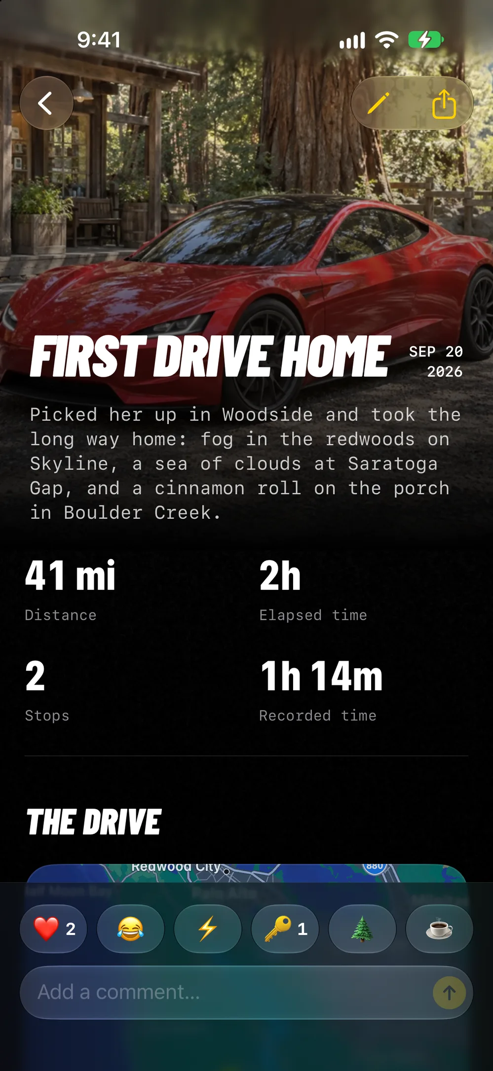 The First Drive Home Roadbook: a new red car parked among redwoods, with its distance, time, stops, and friends’ reactions.