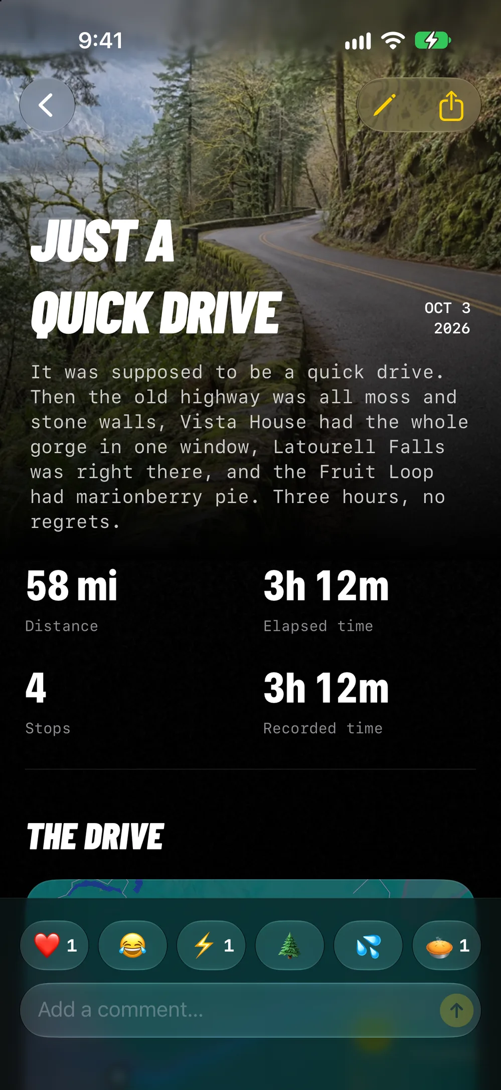 The Just a Quick Drive Roadbook through the Columbia River Gorge, with friends’ reactions and a comment bar.