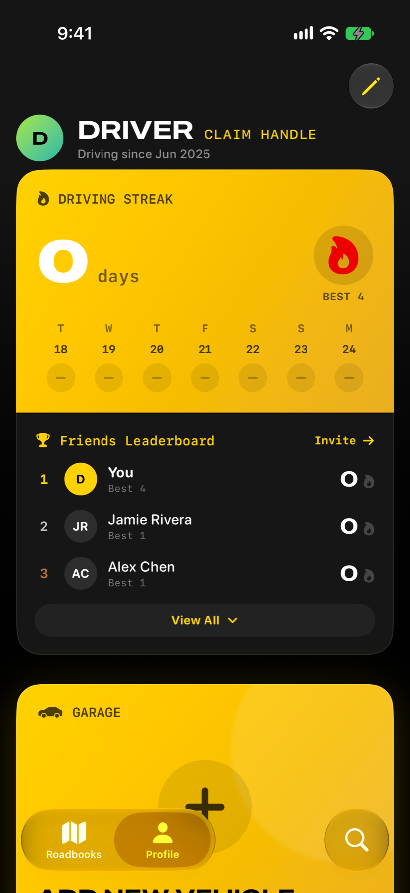 Milepost Profile screen showing a driving streak, friends leaderboard, and garage.