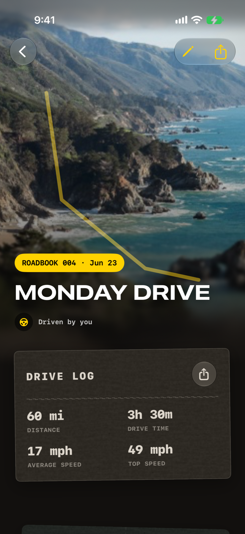 A finished Milepost Roadbook with a coastal cover, route, and drive log.