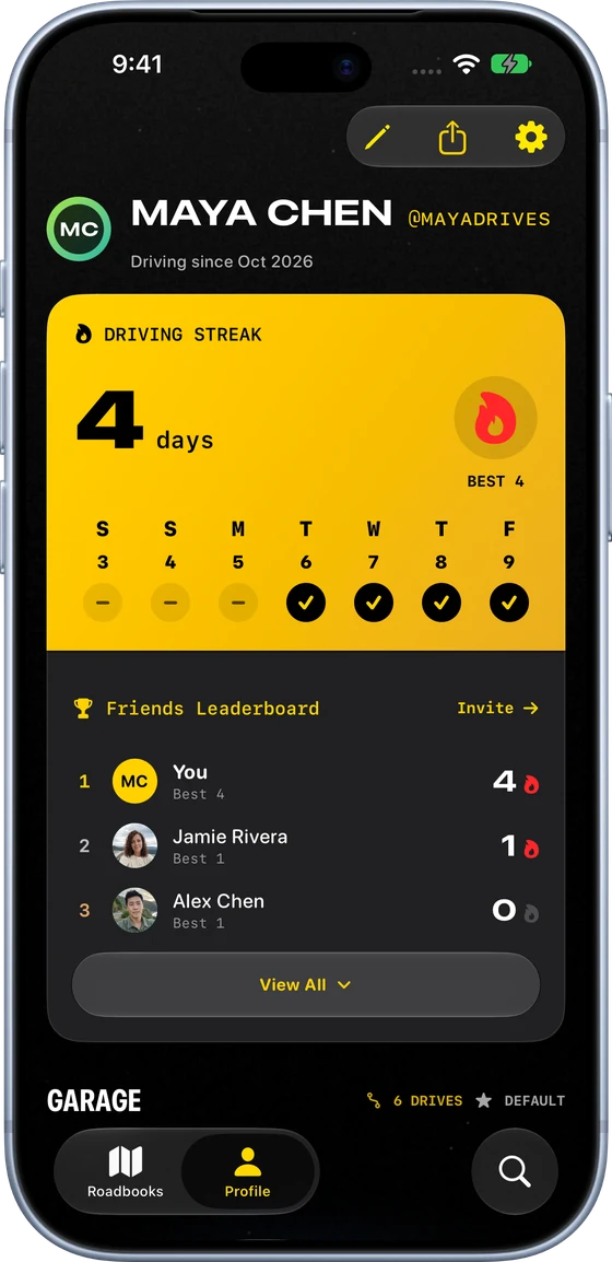 Your driving streak and friends leaderboard